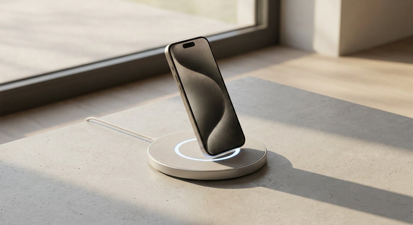 A smartphone magnetically attached to a Qi2 wireless charging pad on a clean minimalist surface in soft natural light.
