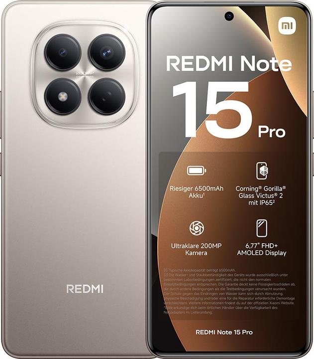 Redmi Note 15 Pro Smartphone mit Frontdisplay und rückseitiger Quad-Kamera in silberner Farbe.