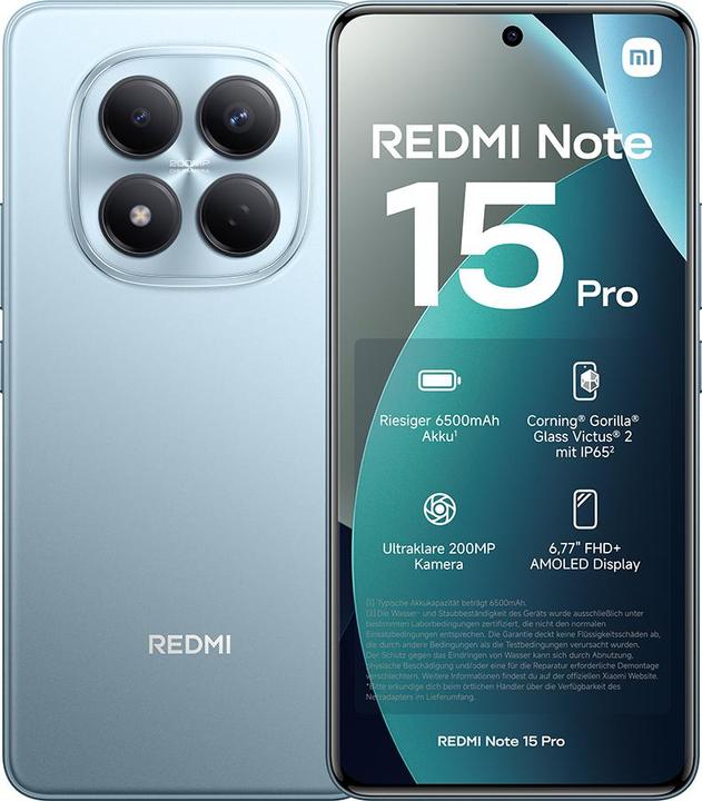 Hellblaues Redmi Note 15 Pro Smartphone mit Display auf der Vorderseite und rückseitigem Quad-Kamera-Modul.