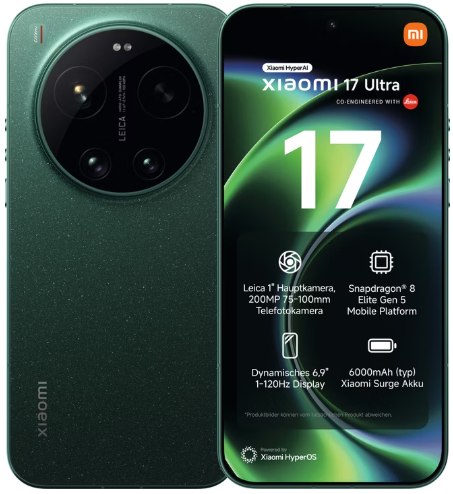 Xiaomi 17 Ultra Smartphone in grün, Vorder- und Rückseite gezeigt, Hervorhebung der Kamera und Display-Funktionen.