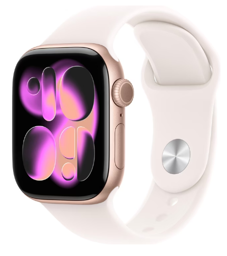 Eine goldene Smartwatch mit weißem Armband und einem abstrakten Display in leuchtendem Pink und Lila.