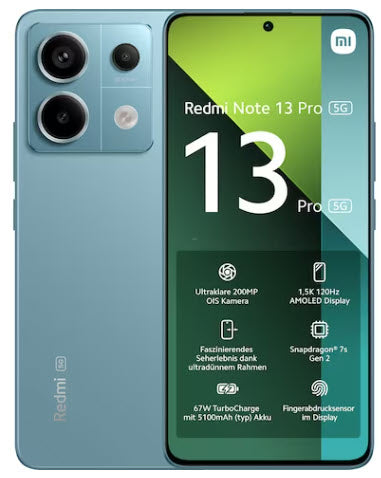 Blaues Redmi Note 13 Pro 5G-Smartphone mit rückwärtigen Kameras und Frontdisplay mit Funktionshighlights.