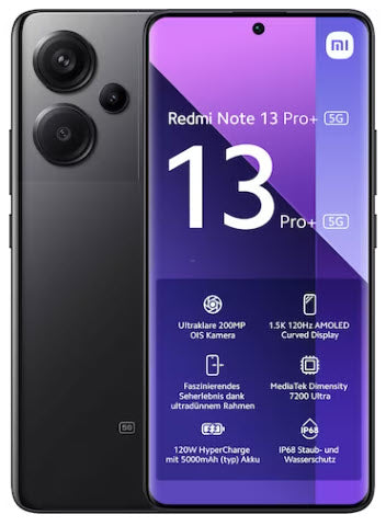 Schwarzes Redmi Note 13 Pro+ 5G-Smartphone mit lilafarbenem Display mit den wichtigsten Funktionen und Spezifikationen.