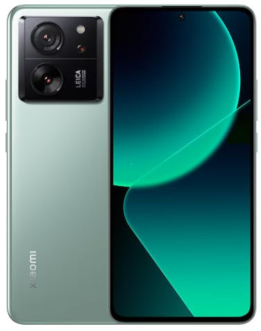 Ein grünes Xiaomi-Smartphone mit einem Display auf der Vorderseite und einem Dual-Kamera-Modul auf der Rückseite mit Leica-Branding.