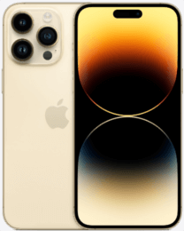 Goldfarbenes iPhone mit drei rückwärtigen Kameras und einem Bildschirm mit abstraktem Design in Schwarz und Gold.