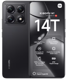 Vorder- und Rückansicht eines schwarzen Xiaomi 14T Smartphones mit vier rückseitigen Kameras und eingeschaltetem Display.