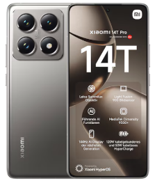 Vorder- und Rückseite eines grauen Xiaomi 14T Pro Smartphones mit vier rückwärtigen Kameras und einem Display, das die Telefonfunktionen anzeigt.