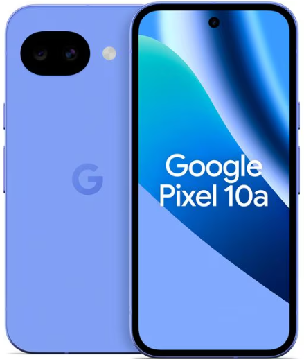 Ein blaues Google Pixel 10a Smartphone, das von vorne und hinten vor einem weißen Hintergrund gezeigt wird.