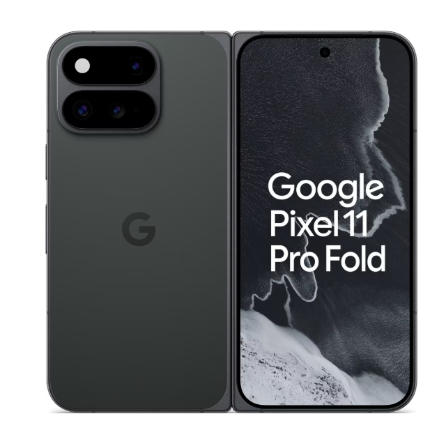 Ein teilweise aufgeklapptes Google Pixel 11 Pro Fold-Smartphone zeigt links seine Rückkameras und rechts seinen Frontbildschirm mit einem dunklen, abstrakten Hintergrundbild und dem Schriftzug „Google Pixel 11 Pro Fold“.