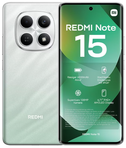 Vorder- und Rückansicht eines silbernen Redmi Note 15 Smartphones mit vier rückwärtigen Kameras und einem großen Display.