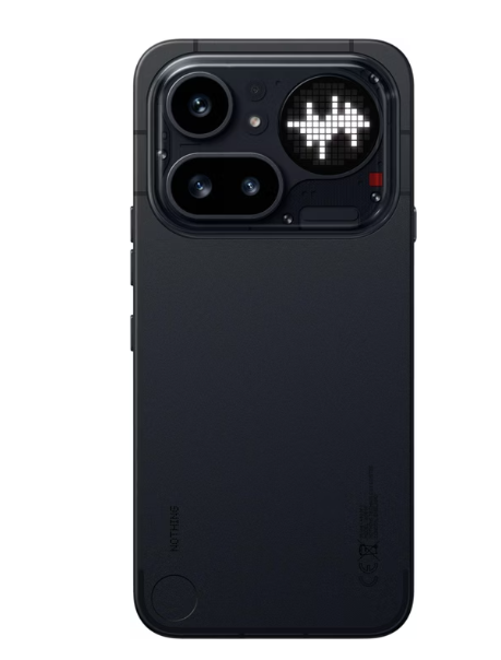 Ein schwarzes Smartphone mit zwei Kameras auf der Rückseite und einem kleinen LED-Matrix-Display neben den Objektiven, auf dem vor weißem Hintergrund ein weißes, pixeliges Pfeilsymbol zu sehen ist.
