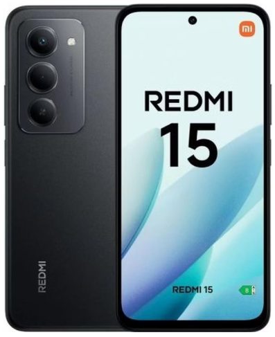 Vorder- und Rückansicht eines schwarzen Redmi 15 Smartphones mit drei rückwärtigen Kameras und einem großen Display.
