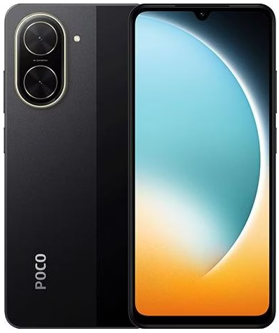 POCO-Smartphone mit farbigem Display auf der Vorderseite und Dual-Kamera auf der Rückseite in schwarzer Farbe.