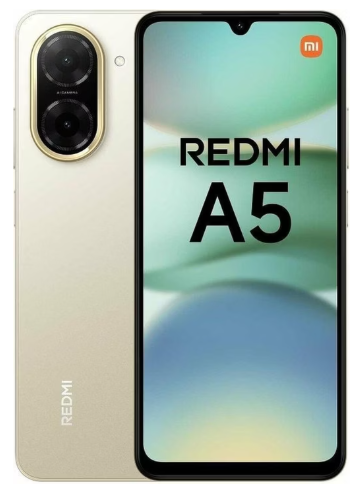 Vorder- und Rückansicht eines goldenen Redmi A5 Smartphones mit zwei rückseitigen Kameras und REDMI A5 auf dem Bildschirm.