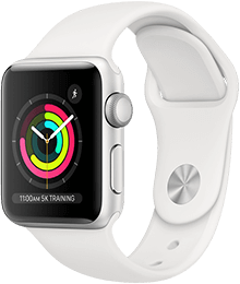 Eine silberne Apple Watch mit weißem Sportband zeigt bunte Aktivitätsringe auf dem Display an.