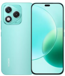 Ein blaugrünes Honor-Smartphone, das sowohl auf der Rückseite mit Dreifachkameras als auch auf dem Frontdisplay mit abstraktem Hintergrundbild zu sehen ist.