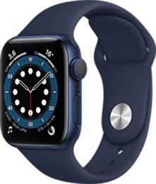 Eine dunkelblaue Smartwatch mit einem rechteckigen Zifferblatt, das eine analoge Uhr auf dem Display anzeigt.