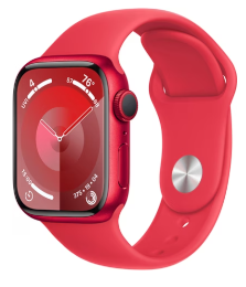 Eine rote Smartwatch mit passendem roten Armband, auf deren Bildschirm die Uhrzeit und Gesundheitsstatistiken angezeigt werden.