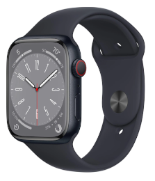 Eine schwarze Smartwatch mit einem rechteckigen Zifferblatt, das eine analoge Uhr anzeigt.