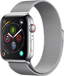 Silberne Smartwatch mit Mesh-Band, die bunte App-Symbole auf dem Display anzeigt.