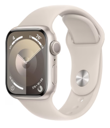 Eine silberne Smartwatch mit hellbeigem Armband und analogem Zifferblatt.