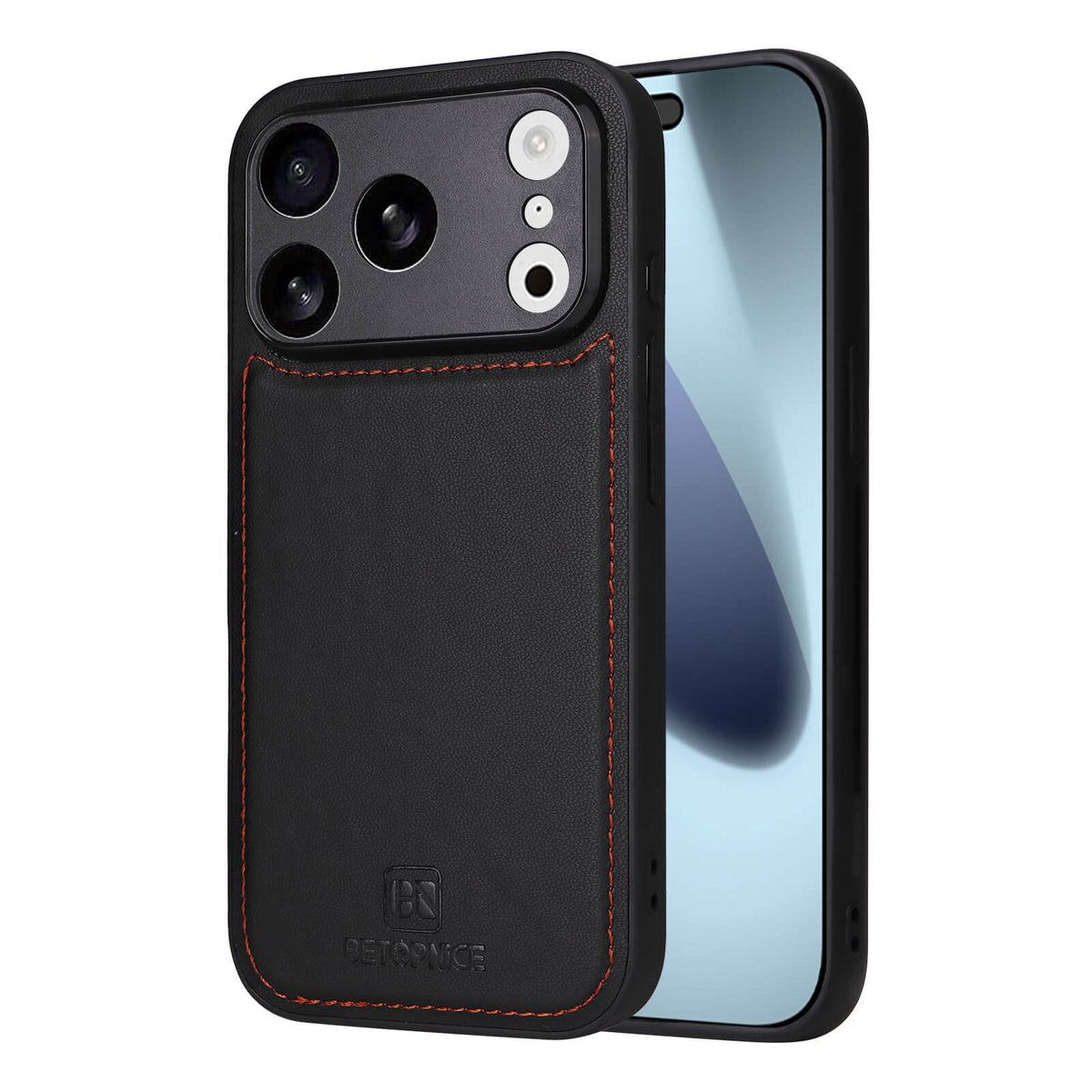 #farbe_schwarz|Die Cover-Discount iPhone 17 Pro Teilbare Brieftasche 2-in-1 Handyhülle in elegantem Schwarz mit orangefarbener Naht und Kartenfach wird auf einem Smartphone mit nach vorne gerichtetem Display präsentiert.