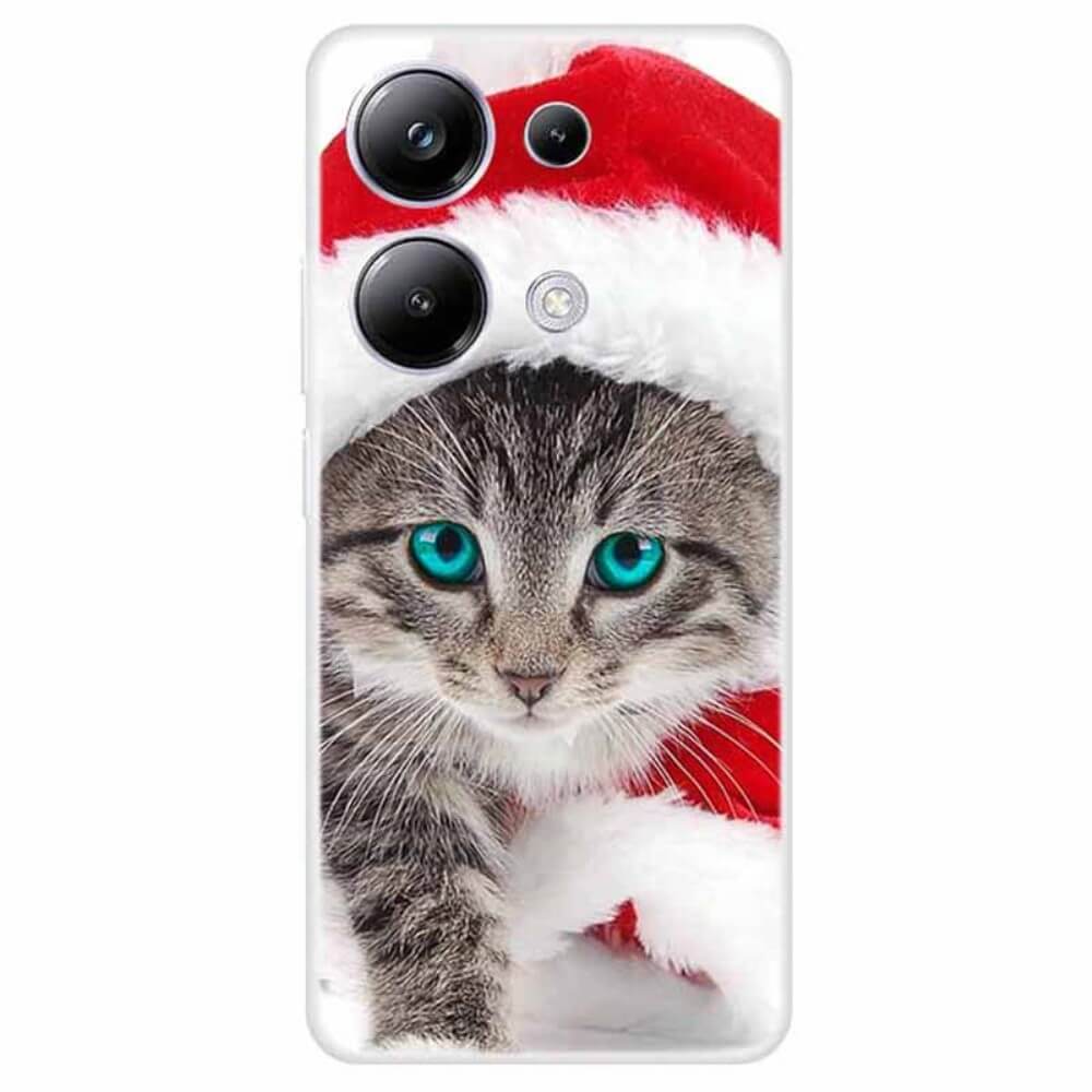 Handytasche mit einem Foto eines grauen Kätzchens mit rot-weißer Weihnachtsmannmütze und strahlend blauen Augen.