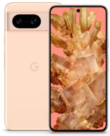 Ein pfirsichfarbenes Smartphone mit einem kristallfarbenen Hintergrundbild auf dem Bildschirm.