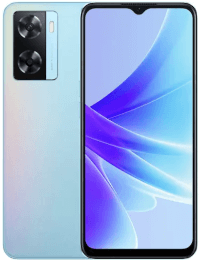 Ein blaues Smartphone mit zwei rückwärtigen Kameras und einem Bildschirm mit einem blauen und lila abstrakten Design.