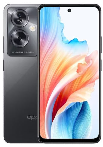 Ein schwarzes Oppo-Smartphone mit zwei rückwärtigen Kameras und einem bunten abstrakten Hintergrundbild auf dem Display.