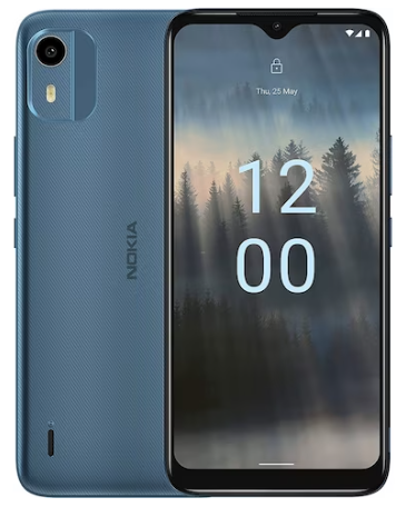 Blaues Nokia-Smartphone zeigt Sperrbildschirm mit Uhrzeit 12:00 und Datum Donnerstag, 25. Mai, Waldhintergrund.
