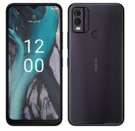 Vorder- und Rückansicht eines schwarzen Nokia Smartphones mit zwei rückseitigen Kameras und einem Fingerabdrucksensor.