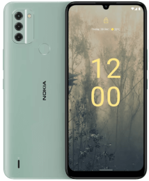 Ein grünes Nokia Smartphone, das auf der Vorderseite ein Display mit Uhrzeit und auf der Rückseite eine Dreifachkamera und einen Fingerabdrucksensor zeigt.