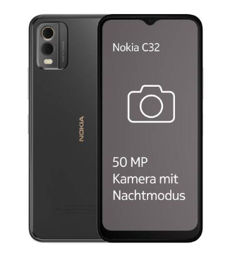 Vorder- und Rückansicht eines schwarzen Nokia C32 Telefons, mit 50 MP Kamera mit Nachtmodus auf dem Bildschirm.