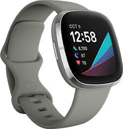 Eine graue Smartwatch, die Uhrzeit, Datum, Schrittzahl, Herzfrequenz und bunte Aktivitätsgrafiken anzeigt.