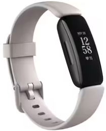 Ein weißer Fitness-Tracker mit einem rechteckigen schwarzen Bildschirm, der Uhrzeit, Datum und Herzfrequenz anzeigt.