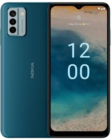 Ein tealfarbenes Nokia Smartphone, das die Vorderseite des Displays und die Rückseite mit Dreifach-Kamera zeigt.