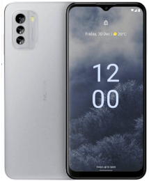 Silbernes Smartphone, das den Sperrbildschirm mit der Uhrzeit 12:00 und dem Datum zeigt, neben der Rückansicht des Telefons.