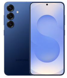 Blaues Smartphone mit dreifacher Rückkamera und Frontdisplay mit einem blauen Farbverlauf „S“ auf hellem Hintergrund.