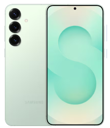 Ein Samsung-Smartphone in Mintgrün, das die Rückseite mit drei Kameras und die Vorderseite mit eingeschaltetem Bildschirm zeigt.