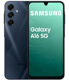 Samsung Galaxy A16 5G Smartphone, Vorder- und Rückansicht, mit dreifacher Rückkamera und Markenbildschirm.