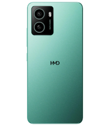 Ein grünes HMD-Smartphone von hinten gesehen, mit Dual-Kameras und HMD-Logo.