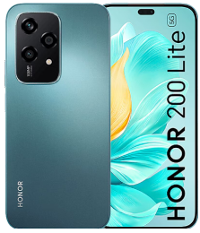 Teal HONOR 200 Lite 5G Smartphone mit Frontdisplay und dreifacher Rückkamera.