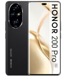 Schwarzes HONOR 200 Pro 5G Smartphone mit Frontdisplay und rückwärtigem Kameramodul.