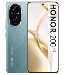 HONOR 200 5G Smartphone in grün, mit Frontdisplay und rückseitigem Kameramodul.