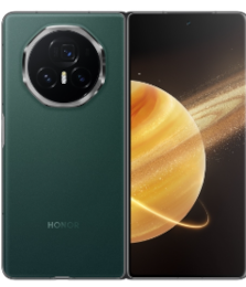 Ein grünes faltbares Honor-Smartphone, halb geöffnet, mit rückseitigen Kameras und einem Bildschirm im Weltraumdesign.
