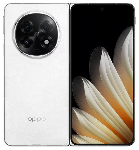 Ein weißes Oppo-Smartphone mit rückwärtigen Kameras und einem Bildschirm mit einem abstrakten Blumen-Hintergrundbild.