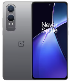 Vorder- und Rückansicht eines grauen OnePlus-Smartphones mit zwei rückseitigen Kameras und Never Settle auf dem Bildschirm.
