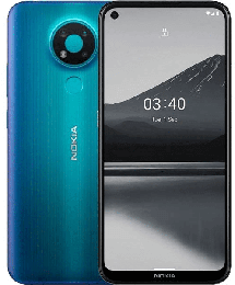 Nokia-Smartphone in Blau, mit rückwärtiger Kamera und vorderem Bildschirm mit Berg-Tapete.