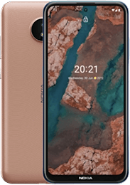 Ein braunes Nokia-Smartphone mit einem Sperrbildschirm mit einem Fluss- und Felshintergrund.